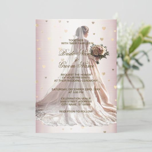 Roos Winter Trouwjurk Bruid Gouden Glanzend Hart Kaart (Staand voorkant)