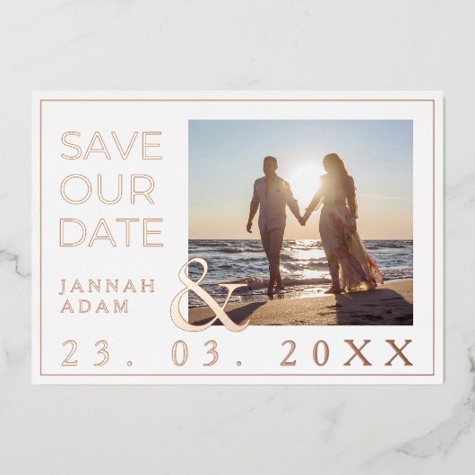 Roos Wit Foto Bruiloft Save Ons Datum Roos Folie Uitnodiging (Voorkant)