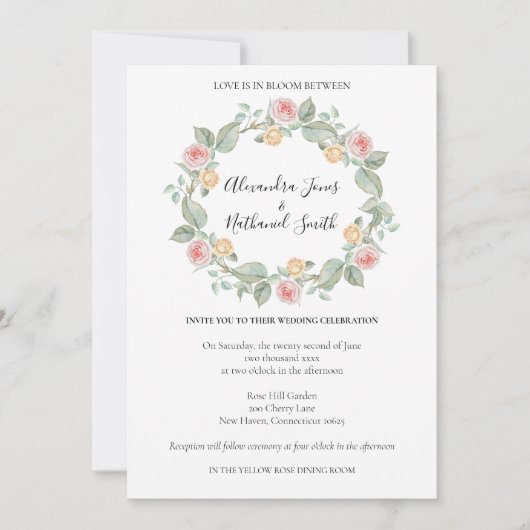 Roos Wreath Summer Wedding Invitation Kaart (Voorkant)