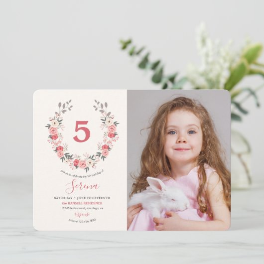 Roos Wreath vijfde verjaardag Kaart (Staand voorkant)