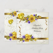 Roos Yellow Gold Paars Cream Birthday Party Kaart (Voorkant / Achterkant)