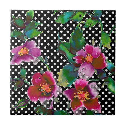  Roos zwart/wit polka-stippen Tegeltje (Voorkant)