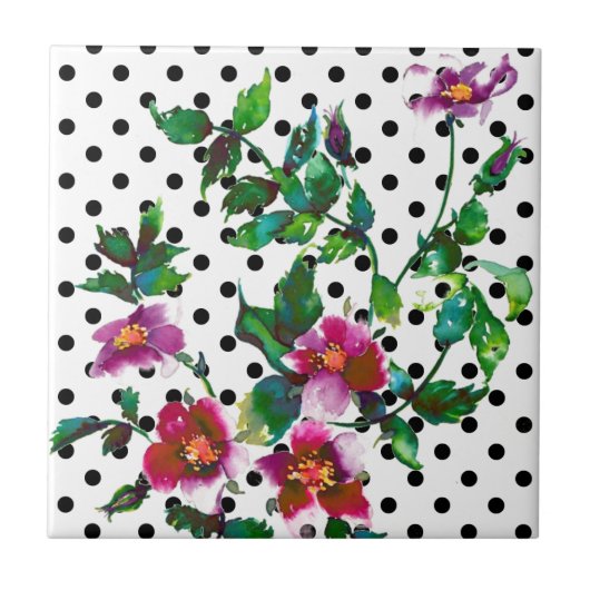  roos zwart-wit polka-stippen tegeltje (Voorkant)