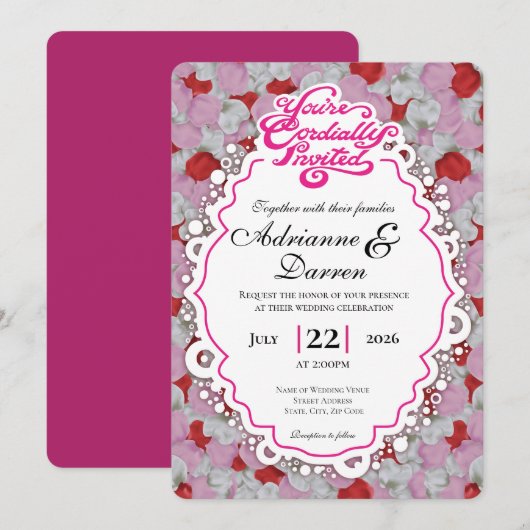 Roosbloemblauwdruk Bruiloft Uitnodiging 1 met Roze (Voorkant / Achterkant)