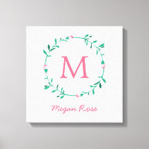 Roosknopkrans Roze & Groene Naam Babykamer Kunst