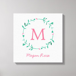 Roosknopkrans Roze & Groene Naam Babykamer Kunst Canvas Afdruk