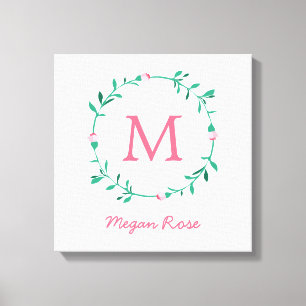 Roosknopkrans Roze & Groene Naam Babykamer Kunst Canvas Afdruk