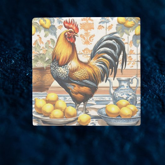 Rooster and Lemons Azulejo Style Blue Orange Cream Stenen Onderzetter