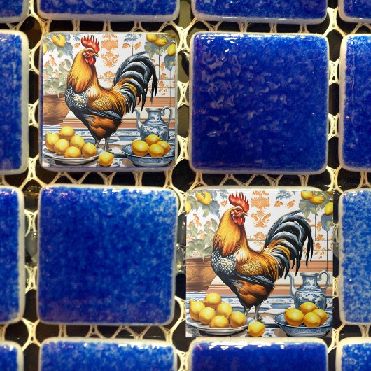 Rooster and Lemons Azulejo Style Blue Orange Cream Tegeltje