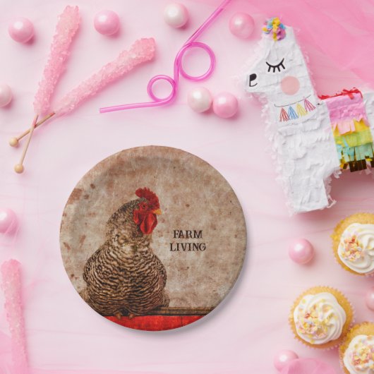 Rooster  Antiek Bruin Textuur Papieren Bordje (Feest)