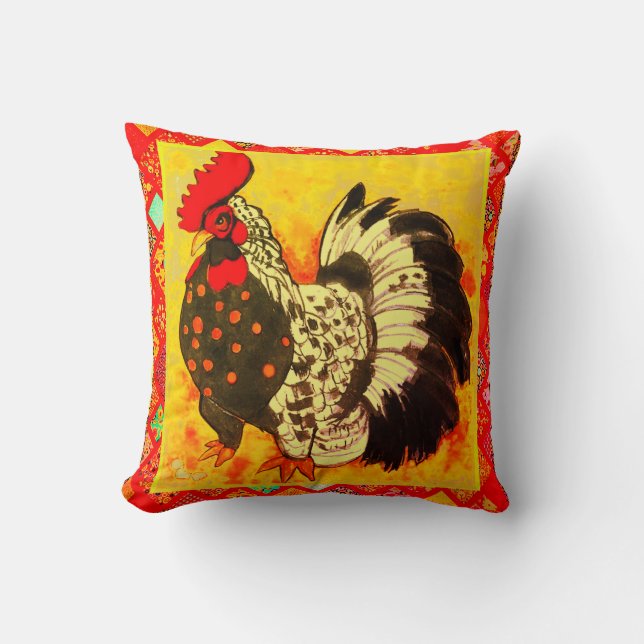 Rooster Art with Red Decorative Border Kussen (Voorkant)