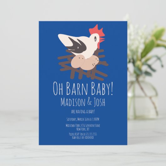 Rooster Barn Animals Boerderij Baby shower Art Blu Kaart (Staand voorkant)