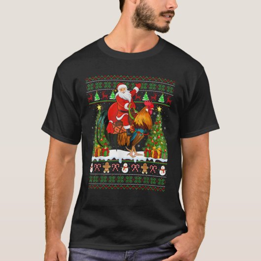 Rooster Bird Lover Funny Ugly Santa Riding Rooster T-shirt (Voorkant)