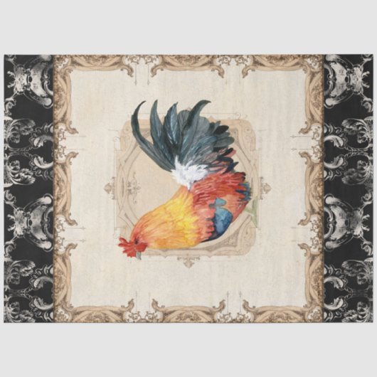 Rooster Black Franse Damask Decoupage Tiss Tissuepapier (Voorkant)