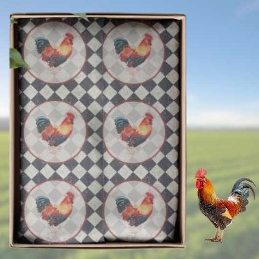 Rooster Black White Checkered French Farmhouse   Tissuepapier