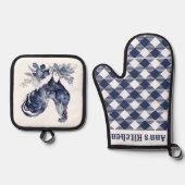 "Rooster" Blauwe Willow Stijl Custom Ovenwant & Pannenlap Set (Voorkant)