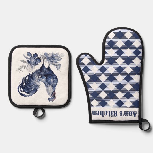 "Rooster" Blauwe Willow Stijl Custom Ovenwant & Pannenlap Set (Voorkant)