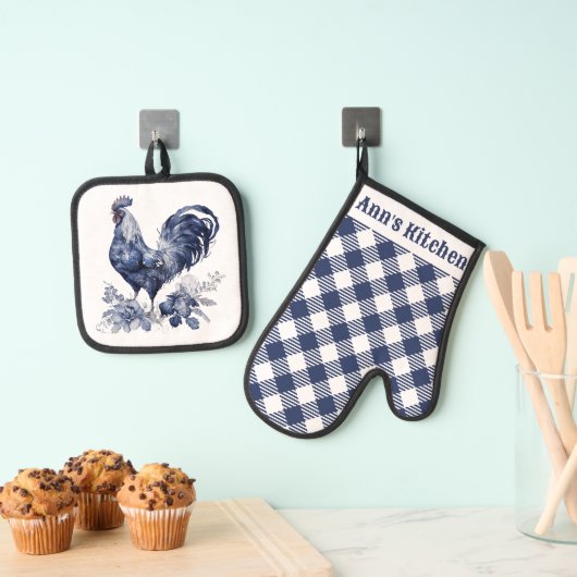 "Rooster" Blauwe Willow Stijl Custom Ovenwant & Pannenlap Set (Insitu(Ophanging))