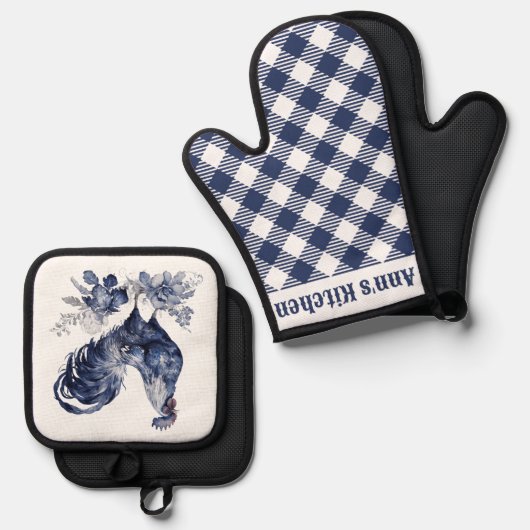 "Rooster" Blauwe Willow Stijl Custom Ovenwant & Pannenlap Set (Voorkant / Achterkant)