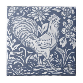 Rooster Blue White Botanical Delft Denim Ceramic T Tegeltje