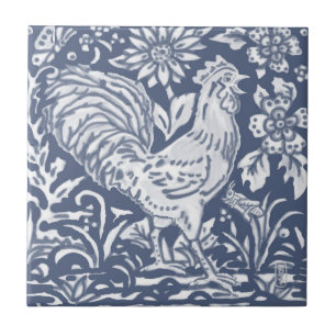 Rooster Blue White Botanical Delft Denim Ceramic T Tegeltje