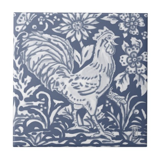 Rooster Blue White Botanical Delft Denim Ceramic T Tegeltje (Voorkant)