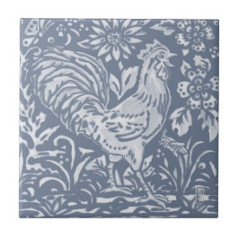 Rooster Blue White Botanical Delft Painting  Tegeltje