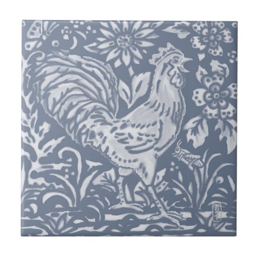 Rooster Blue White Botanical Delft Painting Tegeltje (Voorkant)