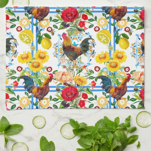 Rooster, boerderij, vogels, folklore-patroon theedoek (Gevouwen)