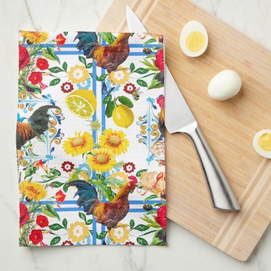Rooster, boerderij, vogels, folklore-patroon theedoek (Quarter Fold)