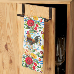 Rooster, boerderij, vogels, folklore-patroon theedoek