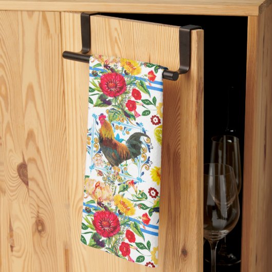 Rooster, boerderij, vogels, folklore-patroon theedoek (Derde Gevouwen)