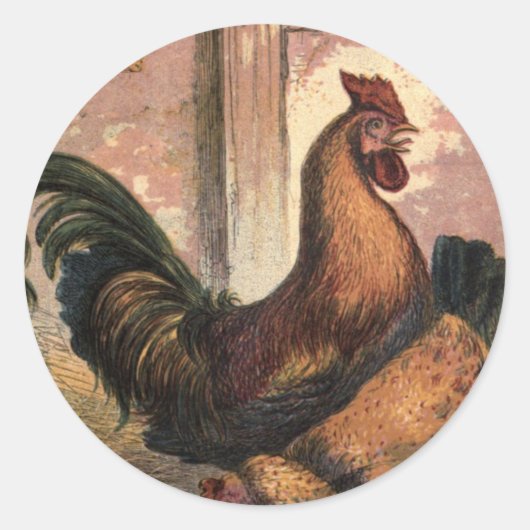 Rooster, bruine hok en Baby kippen op stro Ronde Sticker (Voorkant)