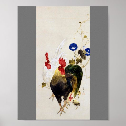 Rooster, Chick en Morning Glory, Watanabe Seitei Poster (Voorkant)
