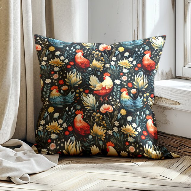 Rooster Chicken Farm Navy Blue Boerderij Kussen (Red and blue rooster pattern on black decorator pillow)