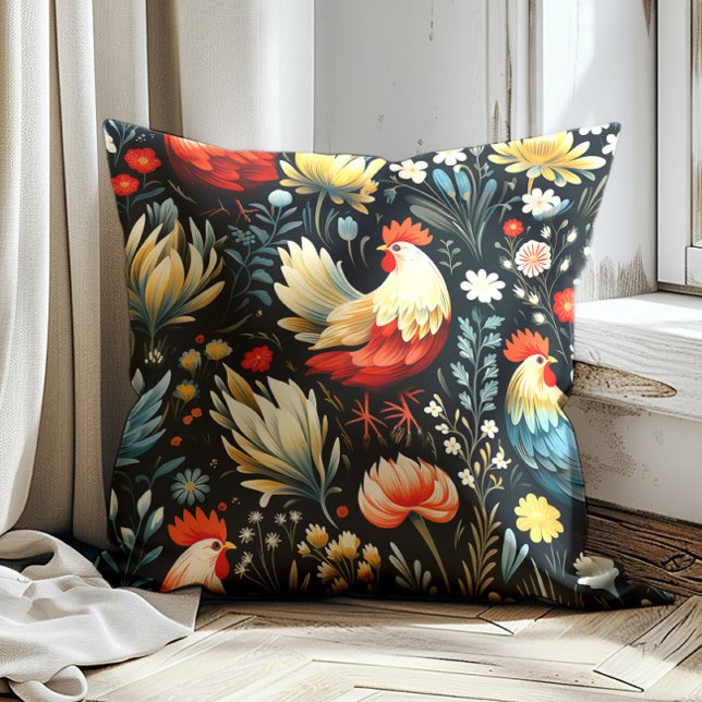 Rooster Chicken Flowers Zwart Boerderij Kussen (Red and cream-colored rooster on black decorator pillow)