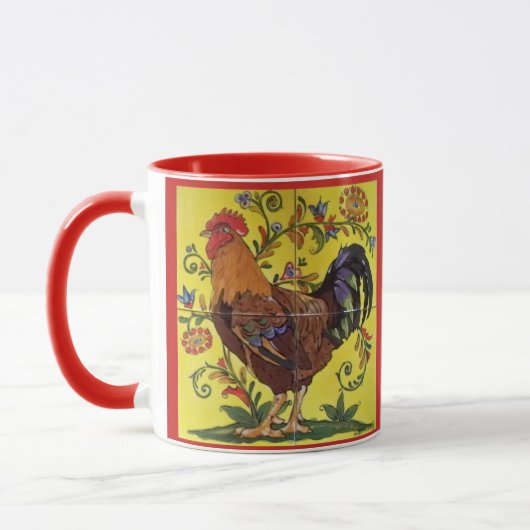 Rooster Chicken Folk Art Mok Yellow Floral (Links)