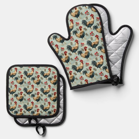 Rooster  Chicken Pattern Blauw Ovenwant & Pannenlap Set (Voorkant / Achterkant)