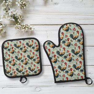 Rooster Chicken Pattern Blauw Ovenwant & Pannenlap Set