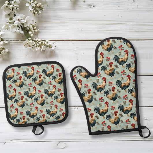 Rooster  Chicken Pattern Blauw Ovenwant & Pannenlap Set