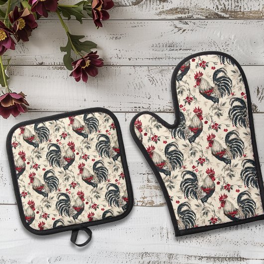 Rooster  Chicken Pattern zwart wit Ovenwant & Pannenlap Set