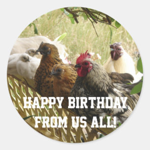 Rooster Chickens Happy Birthday van ons Alle kaart Ronde Sticker