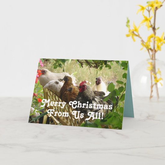 Rooster Chickens Merry Kerstmis van ons All Card Kaart (Gele Bloem)