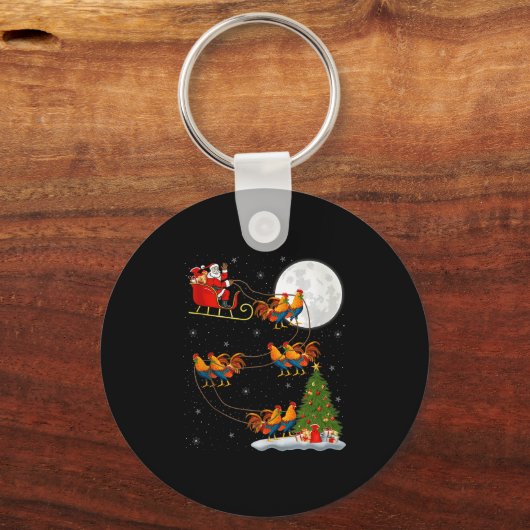 Rooster Chickens Santa Sleigh Flying Funny Magical Sleutelhanger (Voorkant)
