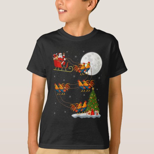 Rooster Chickens Santa Sleigh Flying Funny Magical T-shirt (Voorkant)