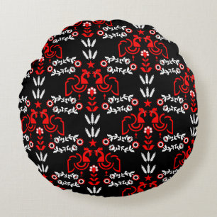Rooster Cockerel Scandinavische volkskunst Rond Kussen
