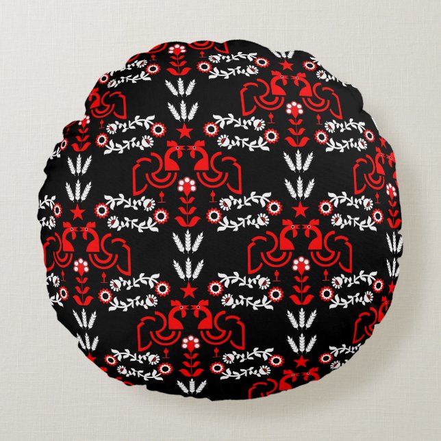 Rooster Cockerel Scandinavische volkskunst Rond Kussen (Voorkant)