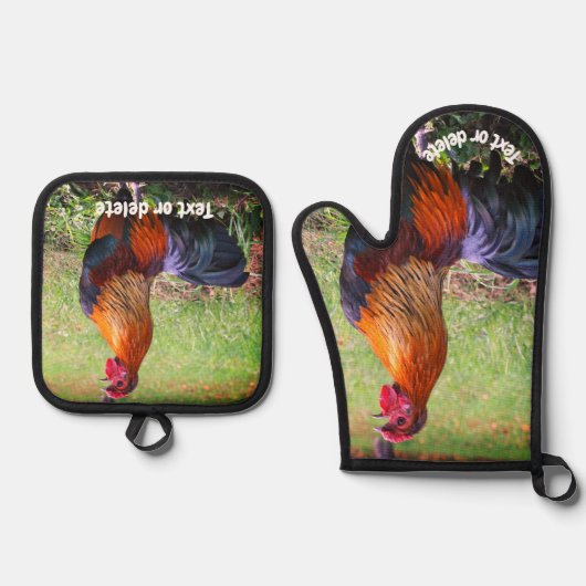 Rooster Crowing Boerderij Dierlijk gepersonaliseer Ovenwant & Pannenlap Set (Voorkant)