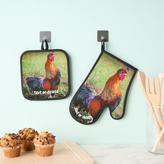 Rooster Crowing Boerderij Dierlijk gepersonaliseer Ovenwant & Pannenlap Set (Insitu(Ophanging))