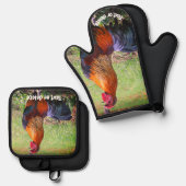 Rooster Crowing Boerderij Dierlijk gepersonaliseer Ovenwant & Pannenlap Set (Voorkant / Achterkant)